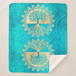 Manta Sherpa Árbol de oro de la vida en turquesa