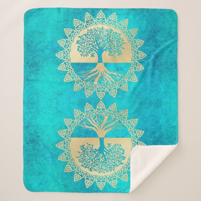 Manta Sherpa Árbol de oro de la vida en turquesa (Anverso)