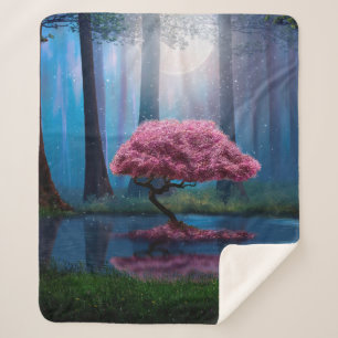 Manta Sherpa Árbol rosa y estanque en el bosque por la noche