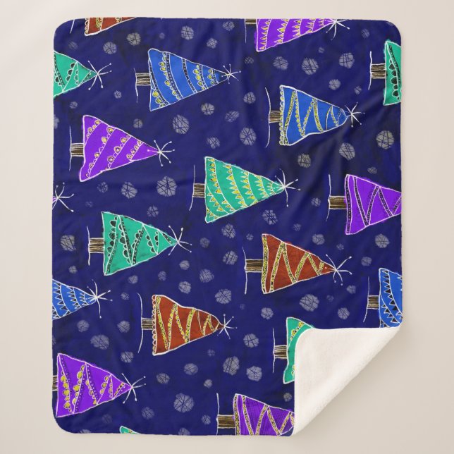 Manta Sherpa Árboles navideños acuarelas: Patrón forestal. (Anverso)