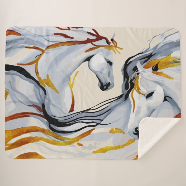 Manta Sherpa Armonía Dorada: Dos caballos en el reino de la fan (Anverso (horizontal))