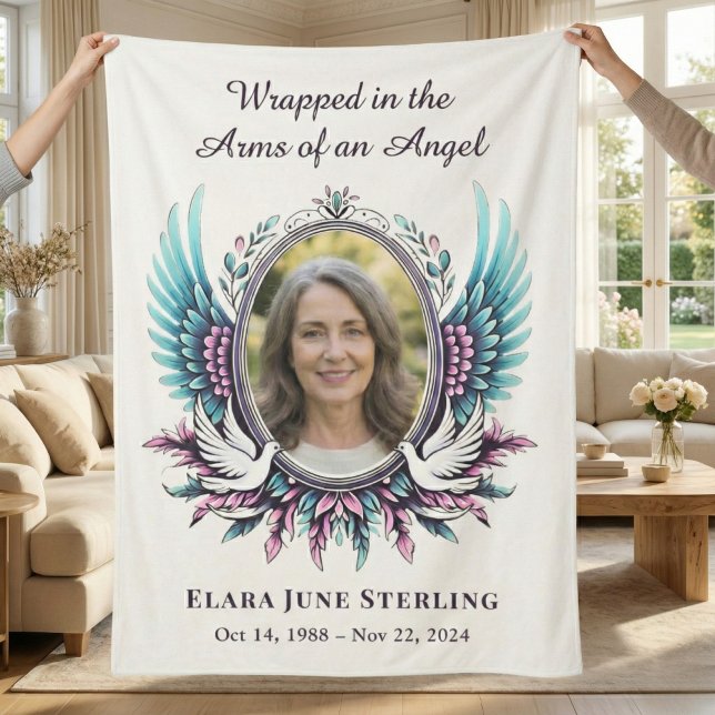 Manta Sherpa Arms of an Angel Memorial Suicide Loss Teal Purple (Custom Angel Suicide Loss Memorial, Personalized Photo Throw Blanket)