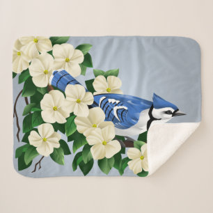 Manta Sherpa Arrendajo azul entre las flores del Dogwood