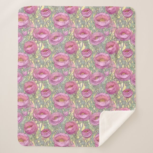 Manta Sherpa Art Nouveau rosa ranunculus (Anverso)