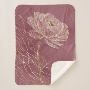 Manta Sherpa Arte de línea floral dorado rosa polvoriento elega