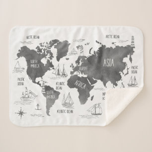 Manta Sherpa Arte de Mapa Mundial Náutico Blanco Negro