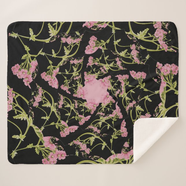 Manta Sherpa Arte fractal de Achillea rosa y negro (Anverso (horizontal))