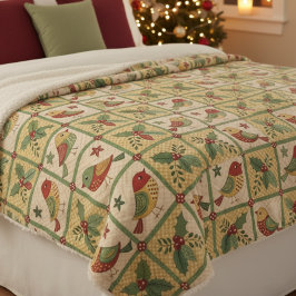 Manta Sherpa Arte Popular Vintage de Navidad Pájaros y Bayas de