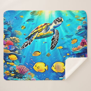 Manta Sherpa Arte vibrante de tortuga marina en arrecife