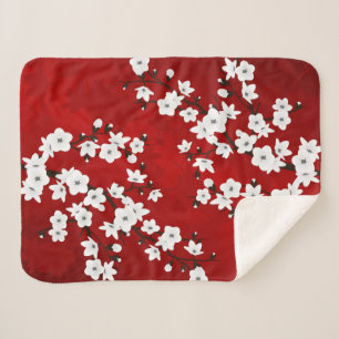 Manta Sherpa Asia Floral White Cherry Blossom Red