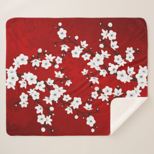 Manta Sherpa Asia Floral White Cherry Blossom Red