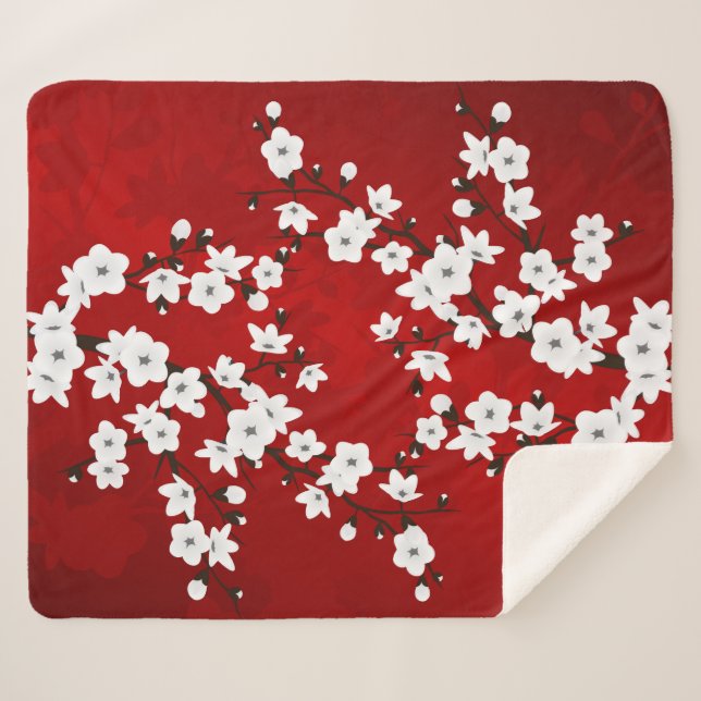 Manta Sherpa Asia Floral White Cherry Blossom Red (Anverso (horizontal))