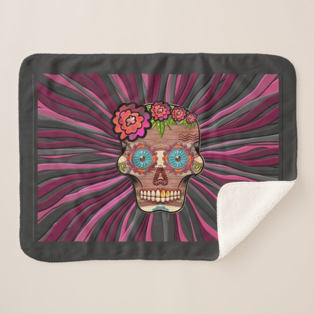 Manta Sherpa Aspecto de madera tallada Sugar Skull con Floral C (Anverso (horizontal))