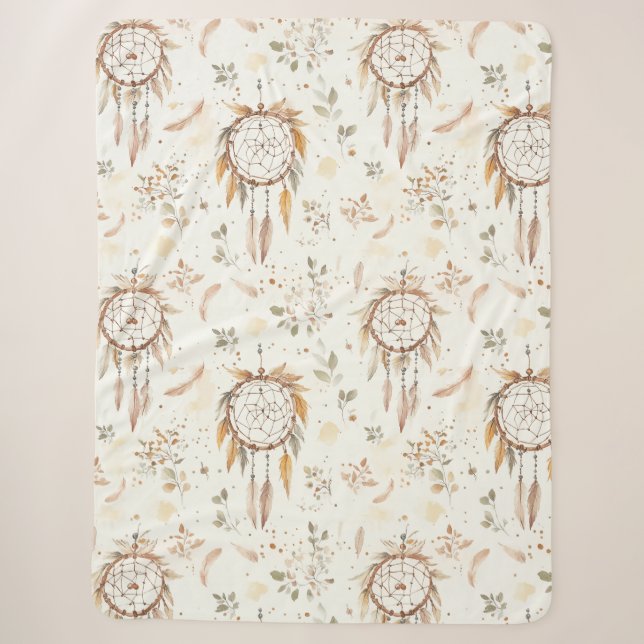 Manta Sherpa Atrapasueños Plumas Boho Crema (Anverso)