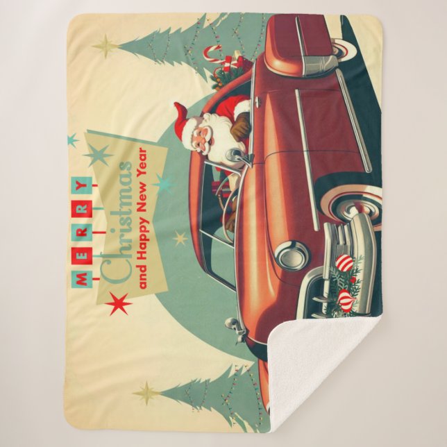 Manta Sherpa Auto rojo vintage y Santa (Anverso)