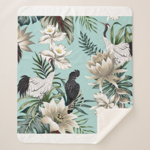 Manta Sherpa Ave de grulla vintage tropical, loro, flowe de lot