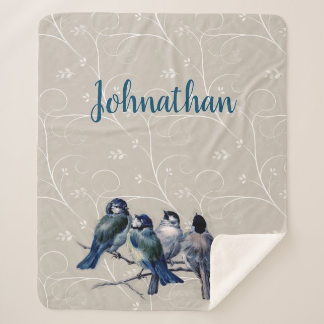 Manta Sherpa Aves azules en una rama (Anverso)