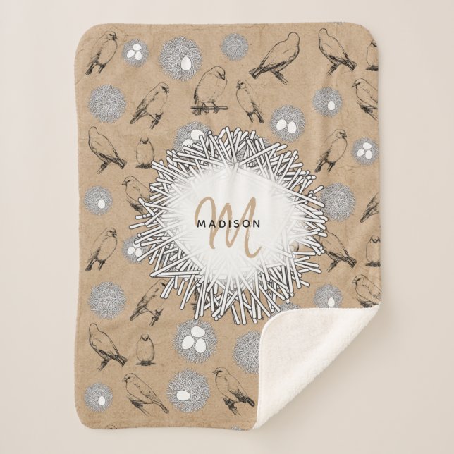 Manta Sherpa Aves de época y Nest Rustic Kraft Brown (Anverso)