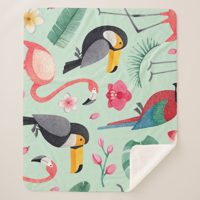 Manta Sherpa Aves tropicales, flores, acuarela. (Anverso)