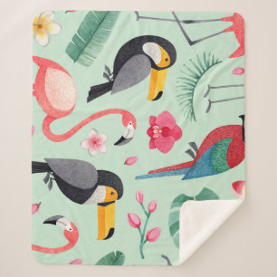 Manta Sherpa Aves tropicales, flores, acuarela.