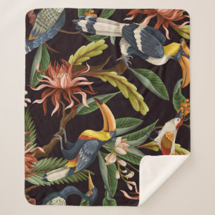 Manta Sherpa Aves tropicales: Hojas y flores de época