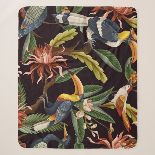 Manta Sherpa Aves tropicales: Hojas y flores de época (Anverso)