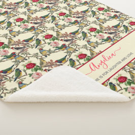 Manta Sherpa Aves y Rosas victorianos estilo vintage rojo crema