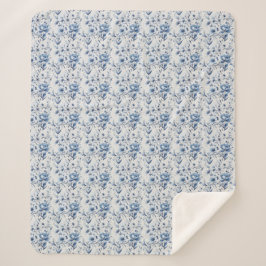 Manta Sherpa Azul Blanco Floral Toile Chinoiserie Acuarela 