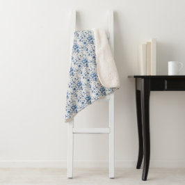 Manta Sherpa Azul Blanco Floral Toile Chinoiserie Acuarela