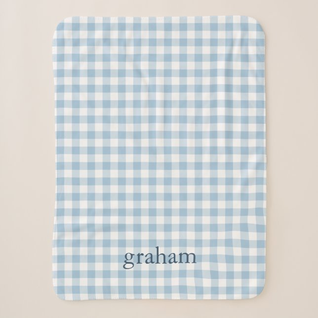 Manta Sherpa Azul Cielo Gingham Monogramado (Anverso)