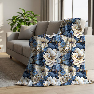 Manta Sherpa Azul Clásico Sherpa Cálido Floral Marfil Blanco