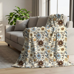 Manta Sherpa Azul en Polvo Floral Marrón Flores Boho Chic Cálid