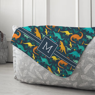 Manta Sherpa Azul marino   Monograma de patrón de dinosaurio cu