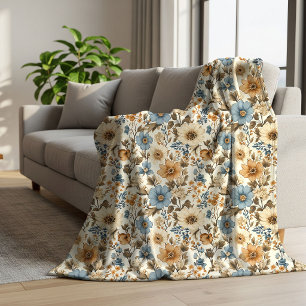 Manta Sherpa Azul Polvoriento Flores de Marfil Elegante Bohemio