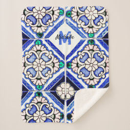 Manta Sherpa Azulejo Patrón Español Mosaicos Naval Monograma Bl