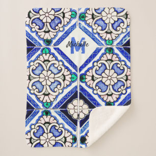 Manta Sherpa Azulejo Patrón Español Mosaicos Naval Monograma Bl
