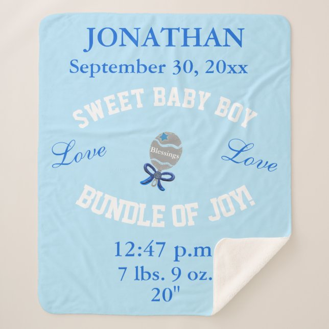 Manta Sherpa Baby Boy Blue Baby Rattle Upload Photo (Anverso)