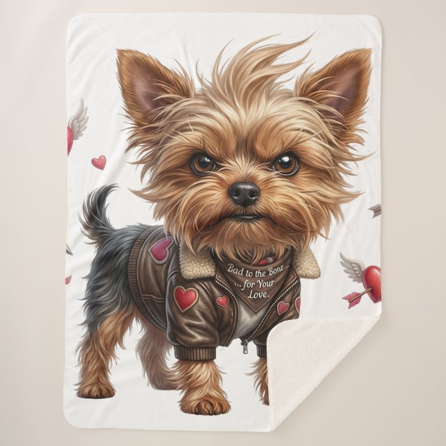 Manta Sherpa Bad to the Bone Yorkie Valentine Sherpa Blanket (Anverso)