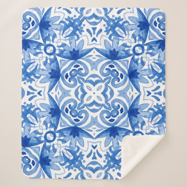 Manta Sherpa Baldosa azul blanca, acuarela sin costura. (Anverso)