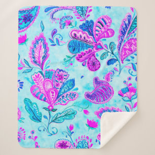 Manta Sherpa Baldosas de patrón floral de color azul paisley: f