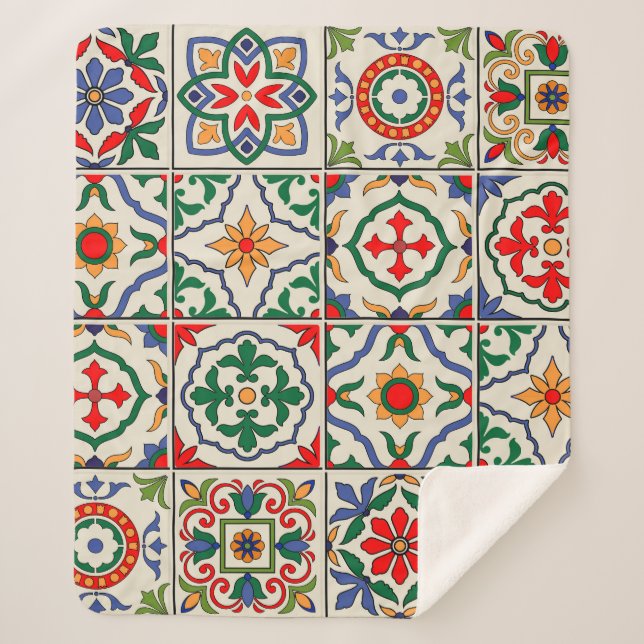 Manta Sherpa Baldosas Marroquíes: Colorido Patrón Sin Mar. (Anverso)
