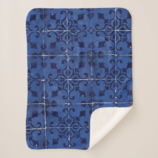 Manta Sherpa Baldosas portuguesas - Diseño Azulejo Floral Azul (Anverso)