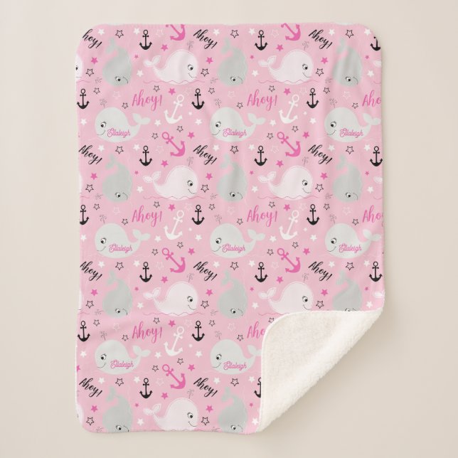 Manta Sherpa Ballenas Anchor Náutico Chica rosa suave Nursera (Anverso)