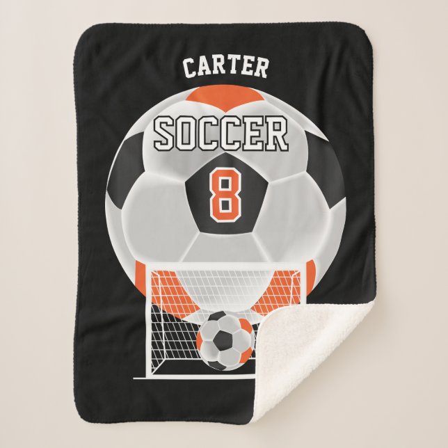 Manta Sherpa Balón de fútbol en blanco y negro negro Naranja (Anverso)