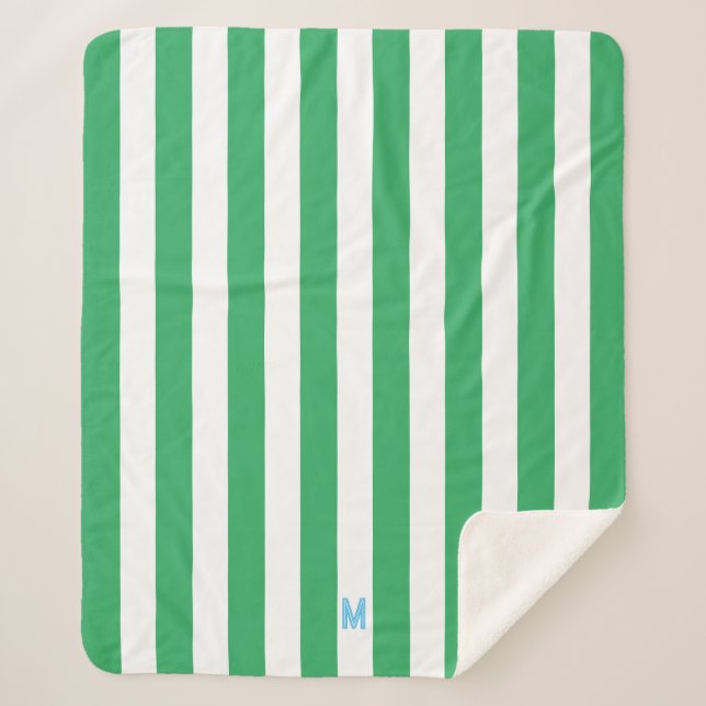 Manta Sherpa Banda verde de cabana y monograma azul personaliza (Anverso)