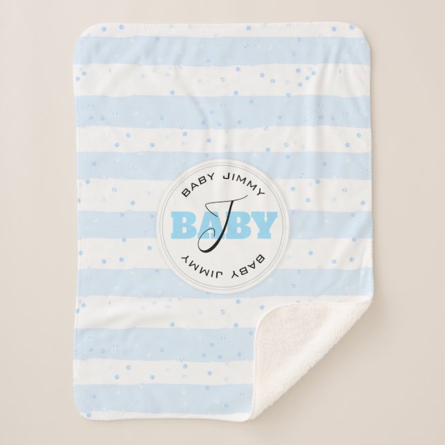 Manta Sherpa Bandas de bebé monogramadas azul y blanco (Anverso)