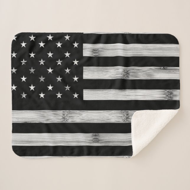 Manta Sherpa Bandera estadounidense Rustic Wood Black White Pat (Anverso (horizontal))
