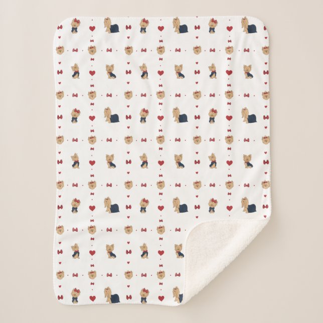 Manta Sherpa Barcos y corazones de Yorkies dulces - Blanco - (Anverso)