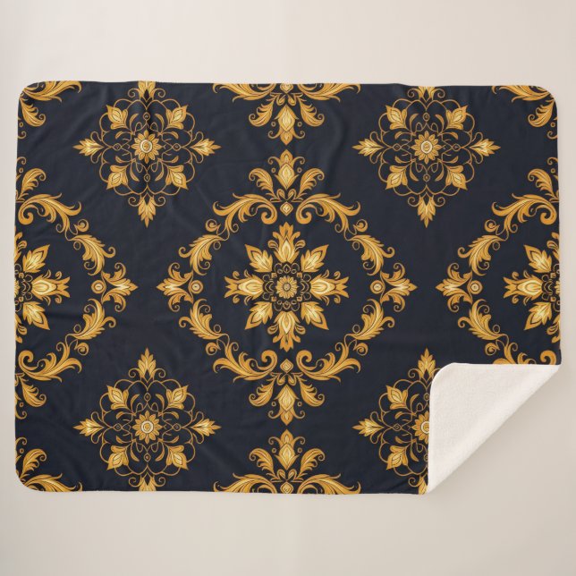 Manta Sherpa "Barockes Ornament-Muster in Gold und Schwarz" (Anverso (horizontal))