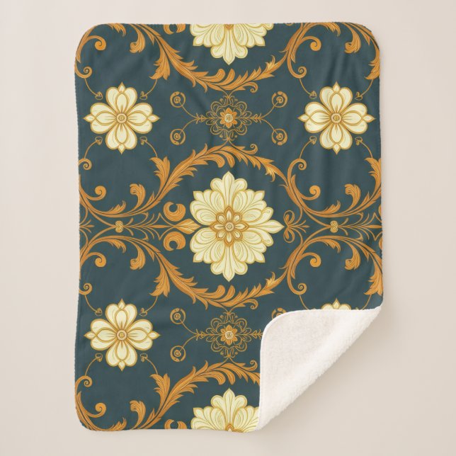 Manta Sherpa "Barockes Ornament-Muster in Gold und Schwarz" Dec (Anverso)